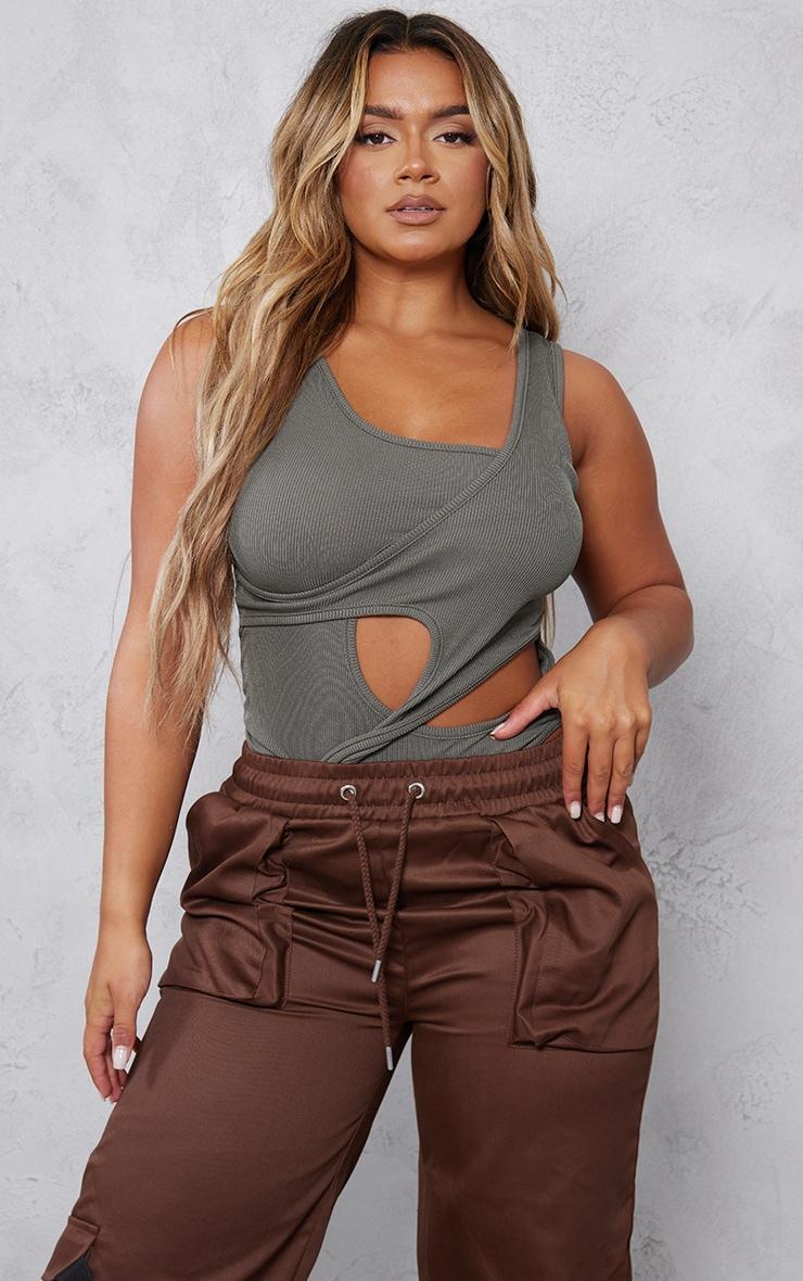 Shape Khaki Rib Cut Out Front Detail Bodysuit Product Image