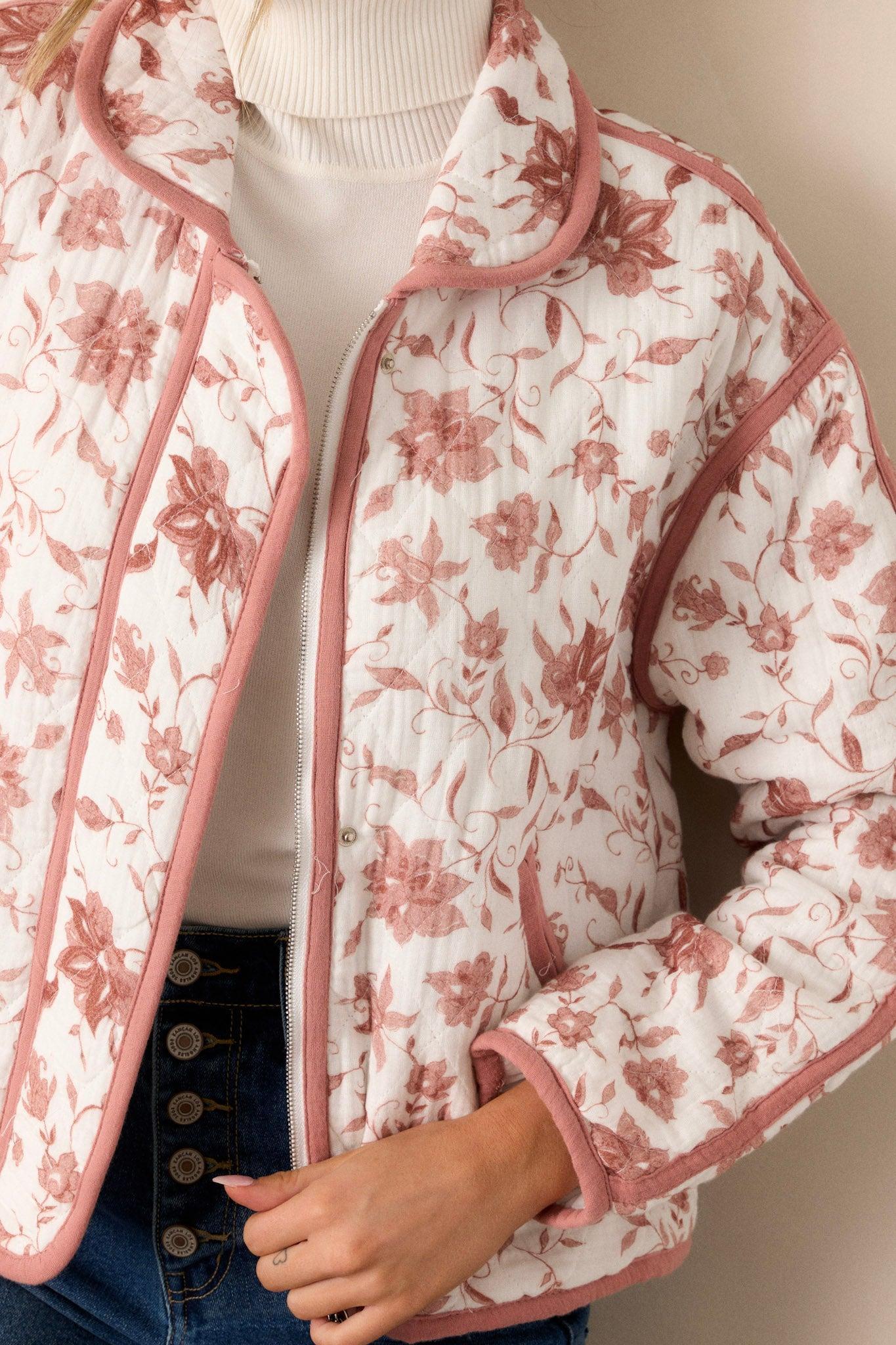 Ask Anyway 100% Cotton Dusty Pink Floral Quilted Jacket Product Image