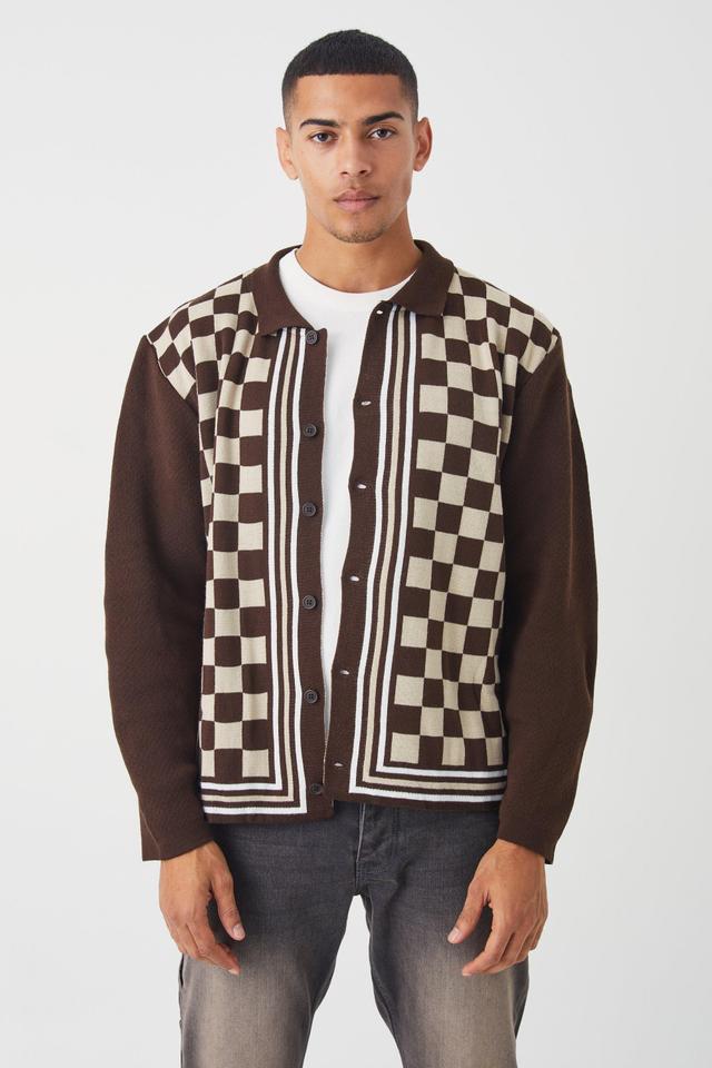 Oversized Long Sleeve Checkerboard Knit Shirt | boohooMAN USA Product Image