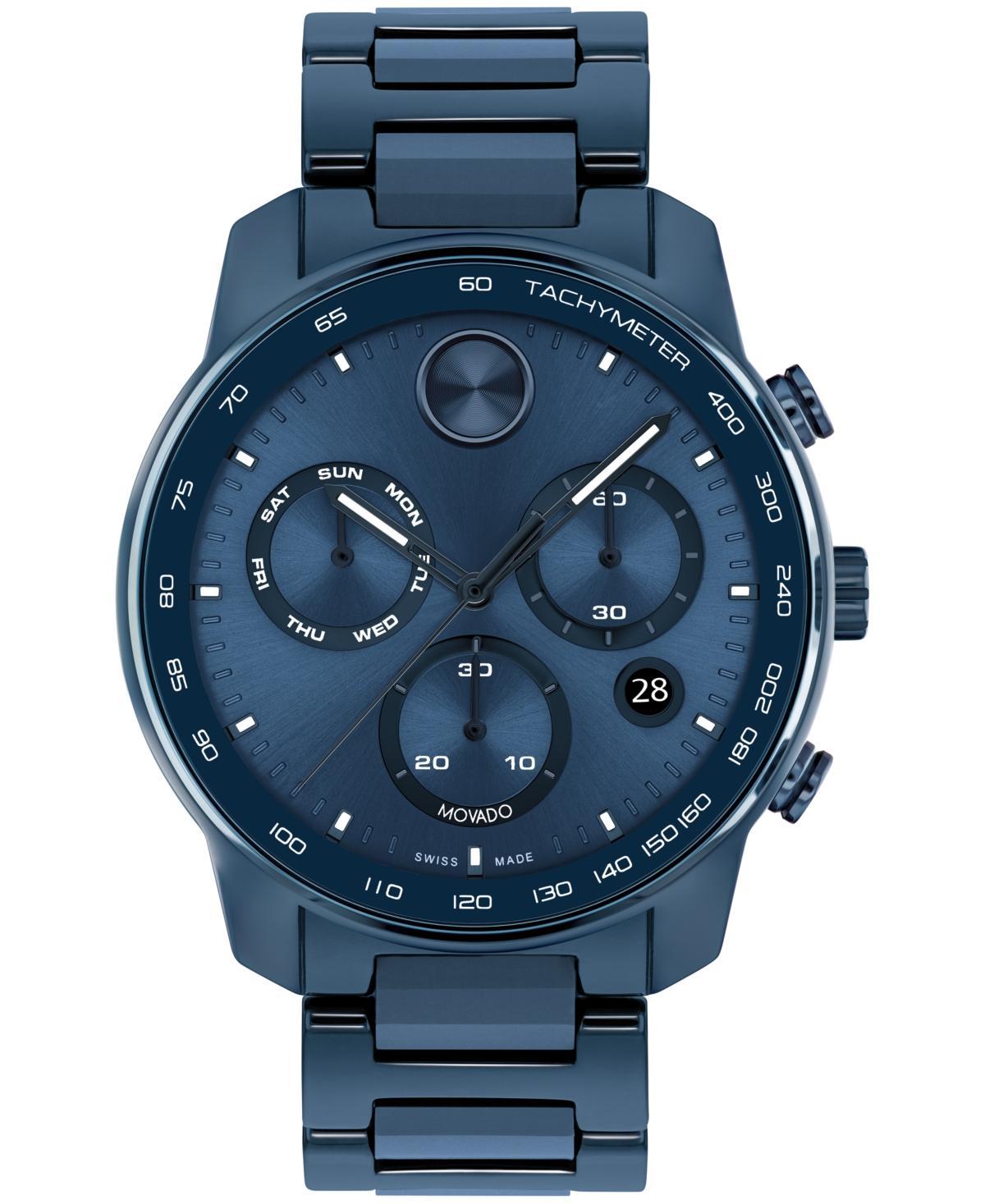 Men's Movado BoldÂ® Verso Gunmetal Grey IP Chronograph Blue Leather Strap Watch with Grey Dial (Model: 3600909) Product Image