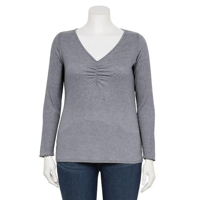 Plus Size LC Lauren Conrad Long Sleeve Ruched Front V-Neck Top, Womens Grey Gray Product Image