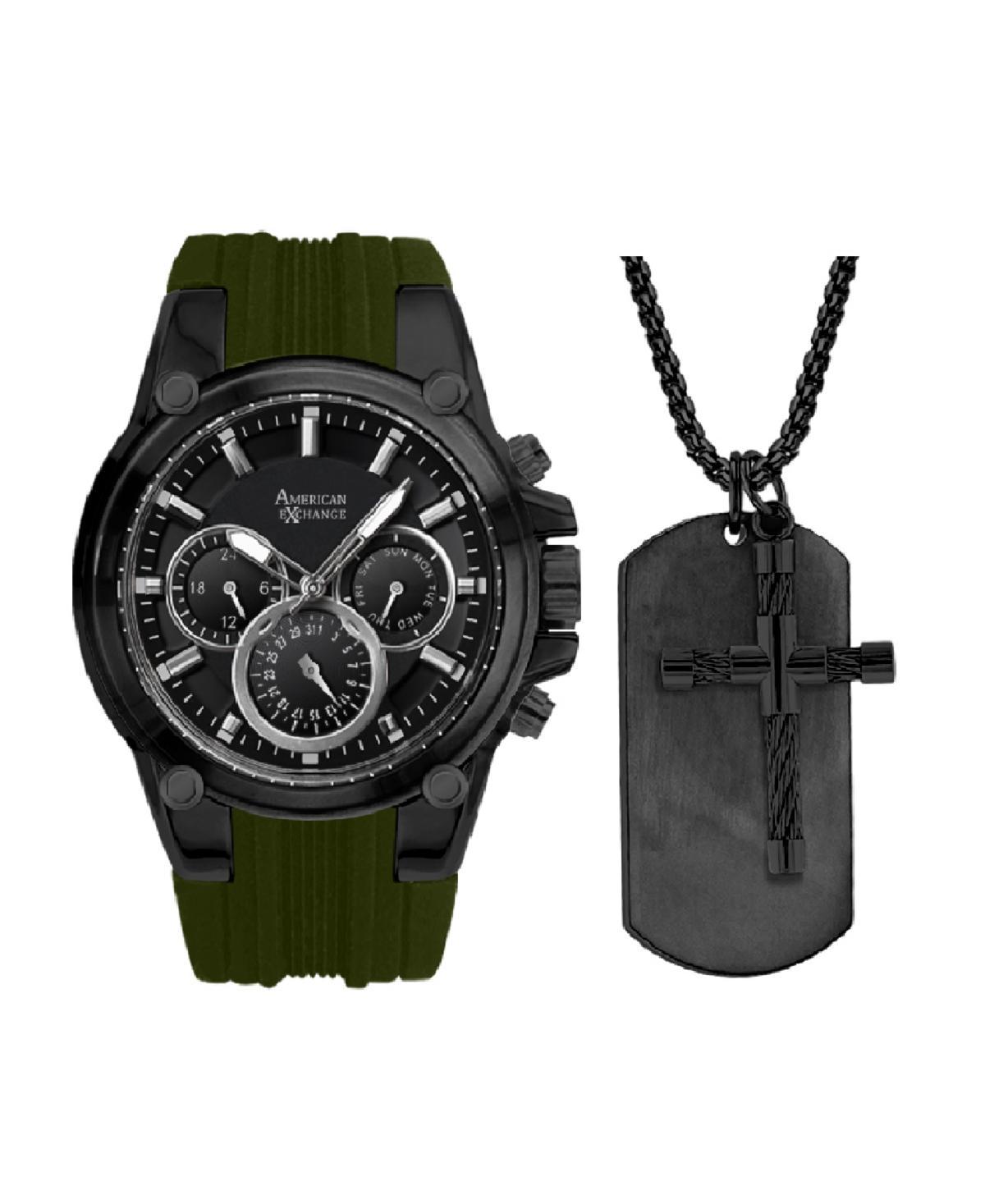 American Exchange Mens Analog, Three-Hand Quartz Olive Silicone Strap 45mm Gift Set Product Image