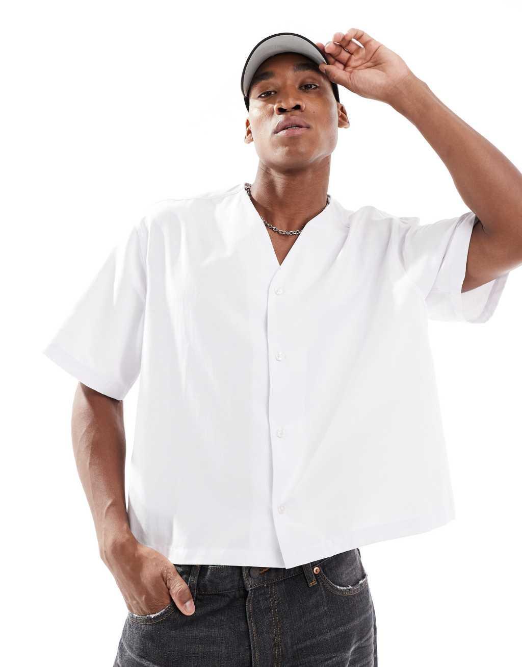 ASOS DESIGN oversized boxy shirt with baseball collar in white Product Image