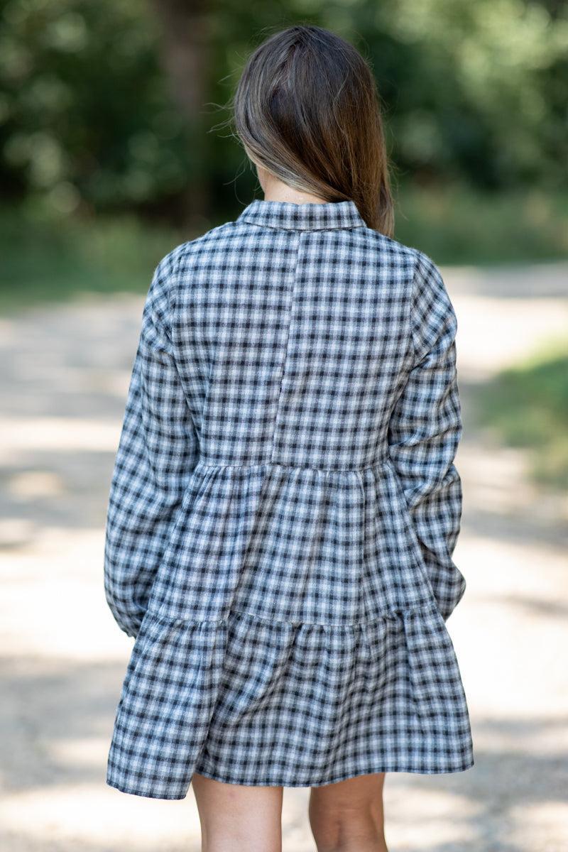 Black and Grey Gingham Long Sleeve Dress Product Image