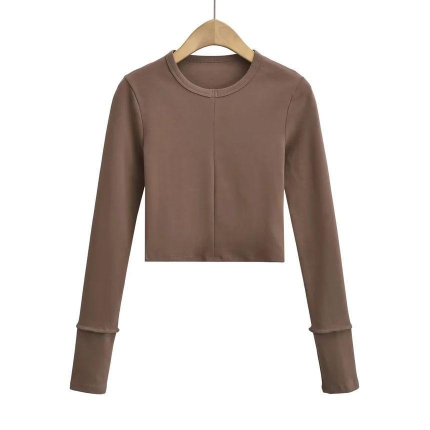 Long-Sleeve Round Neck Plain Crop Tee Product Image