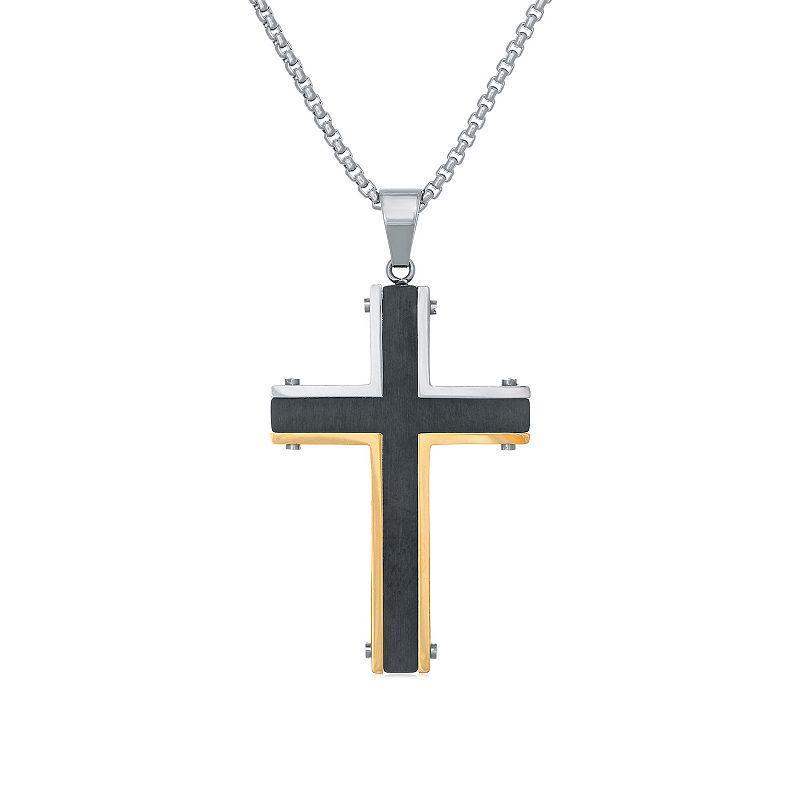 Mens LYNX Two Tone Stainless Steel Cross Pendant Necklace Product Image