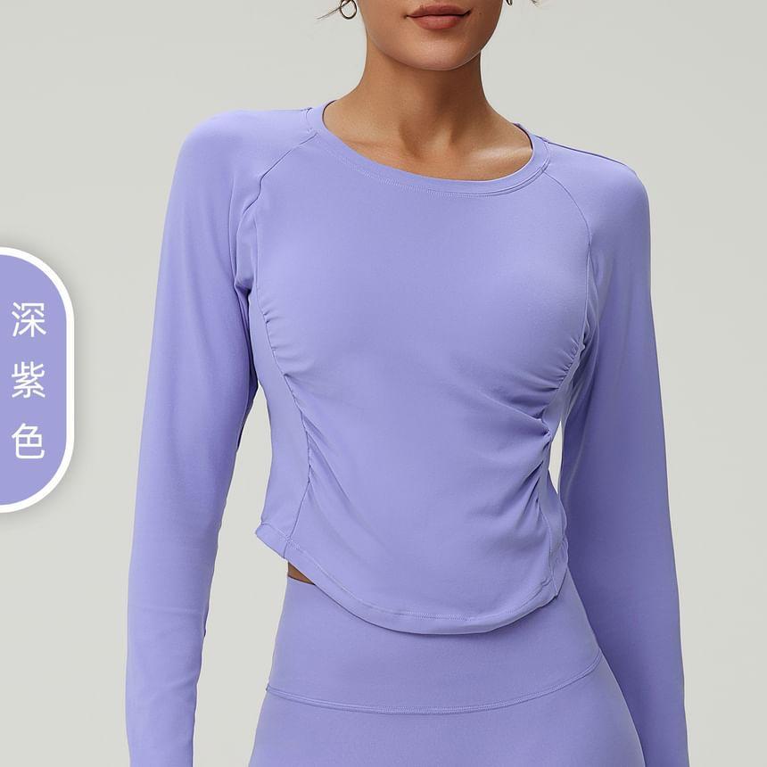 Long Sleeve Round Neck Plain Ruched Yoga T-Shirt Product Image