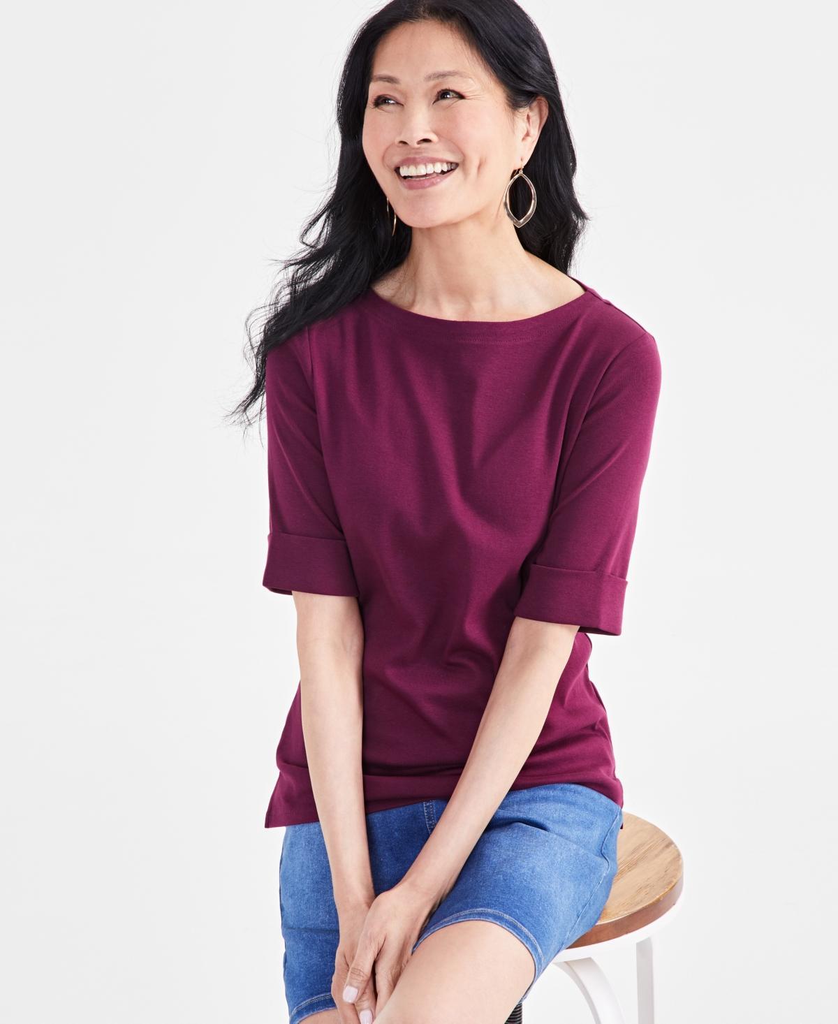 Women's Boat-Neck Elbow Sleeve Cotton Top, XS-4X, Created for Macy's Product Image