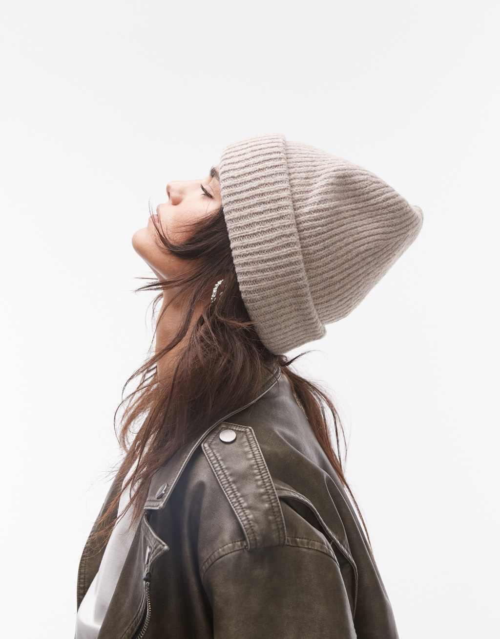 Topshop Henry ribbed beanie in taupe Product Image