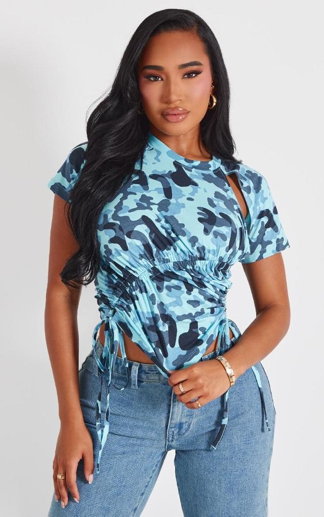 Shape Blue Cotton Camo Print Cut Out Ruched Top Product Image