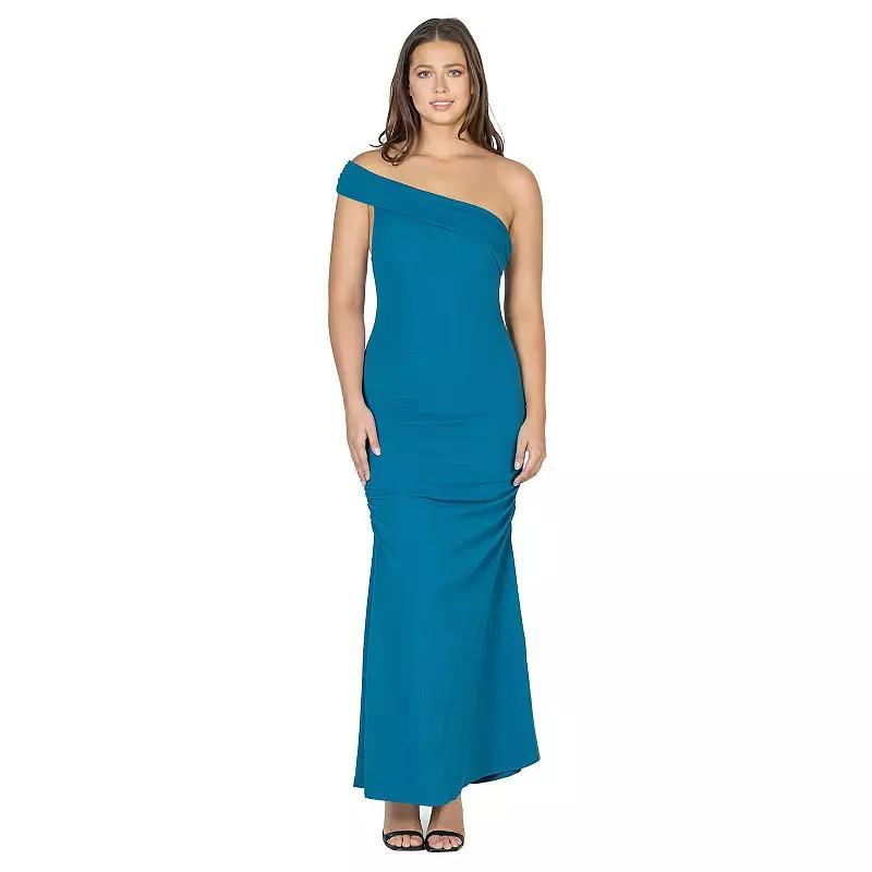 Womens 24Seven Comfort Apparel One-Shoulder Ruched Mermaid Maxi Dress Blue Product Image