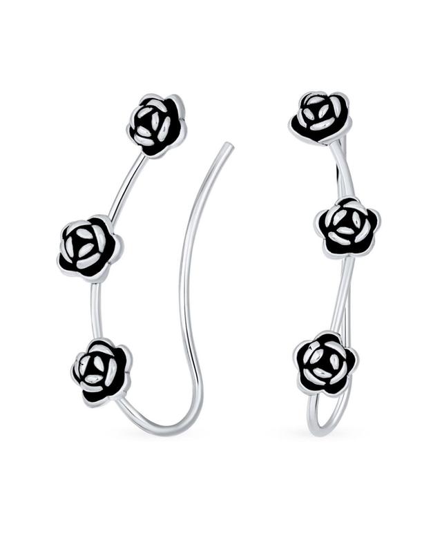 Romantic Retro 3D Flower Three Roses Wire Ear Pin Climbers Crawlers Rose Earrings For Women Oxidized .925 Sterling Silver Product Image