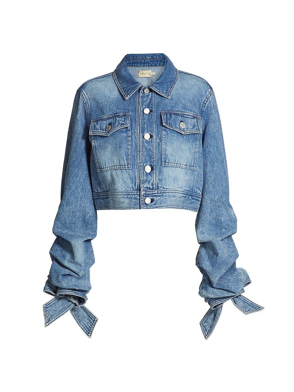 Womens Bow-Cuff Cropped Denim Jacket Product Image