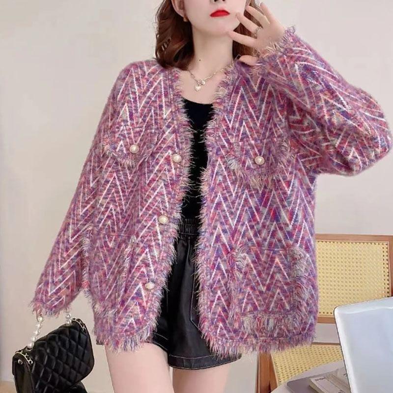 V-Neck Zig Zag Fringe Faux Pearl Button Cardigan Product Image