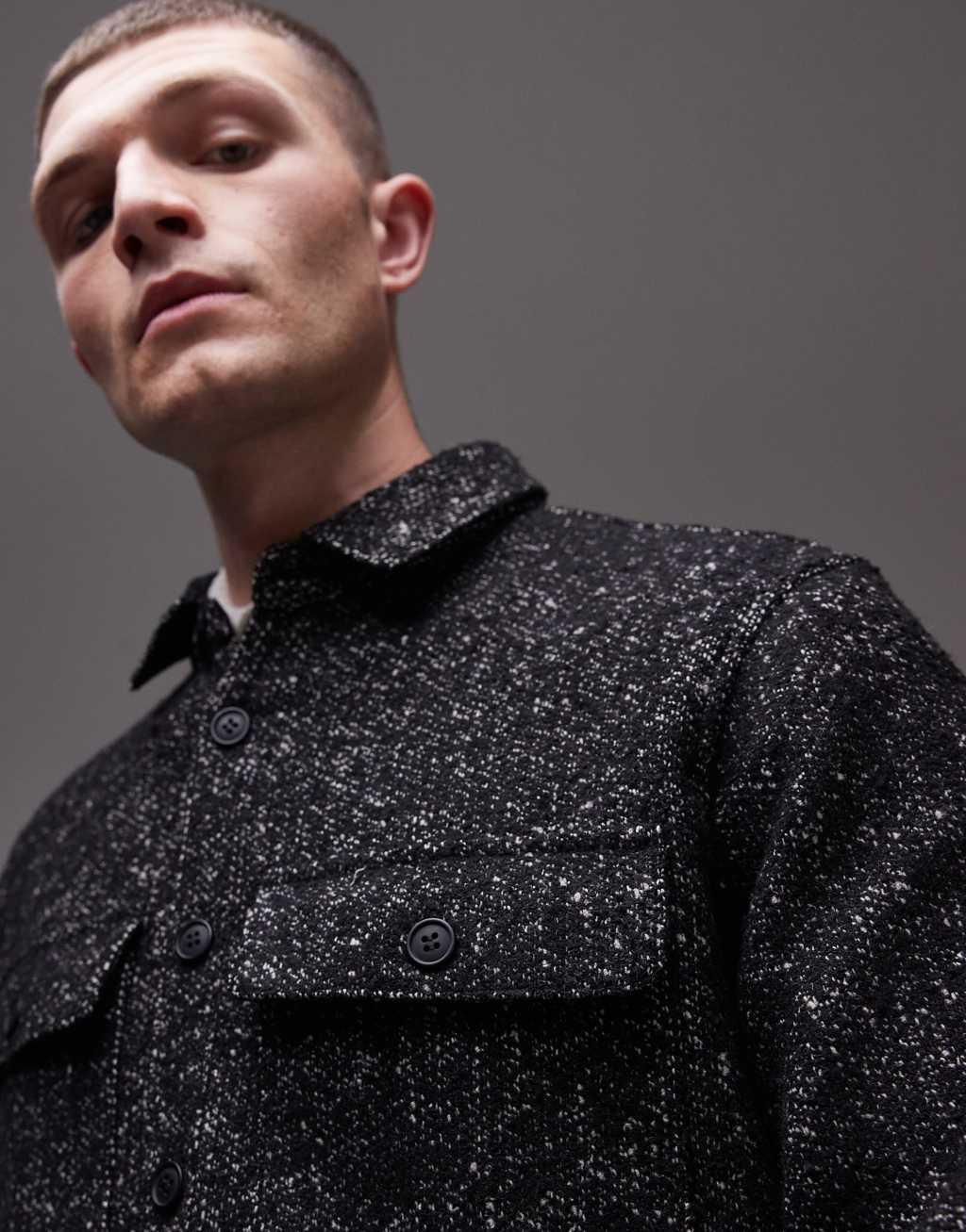 Topman long sleeve textured overshirt in black Product Image