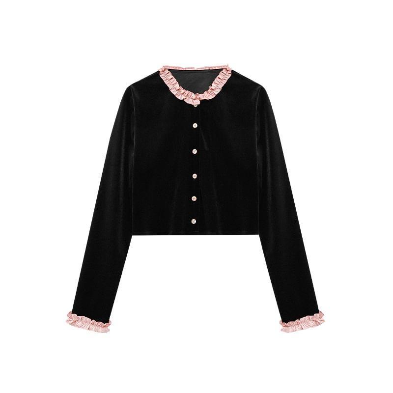 Long Sleeve Crew Neck Button Up Velvet Cropped Blouse Product Image