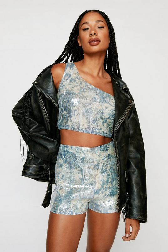 Snake Sequin One Shoulder Crop Top Product Image