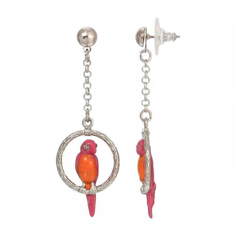 1928 Silver Tone Enameled Perched Parrot Hoop Drop Earrings, Womens, Pink Product Image