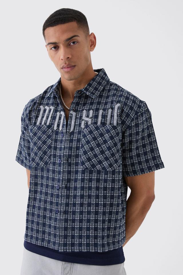 Mens Navy Oversized Small Check Double Pocket Boxy Shirt, Navy Product Image