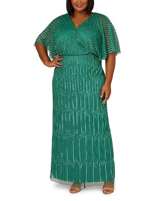 Adrianna Papell Plus Size Hand-Beaded Flutter-Sleeve Gown Product Image