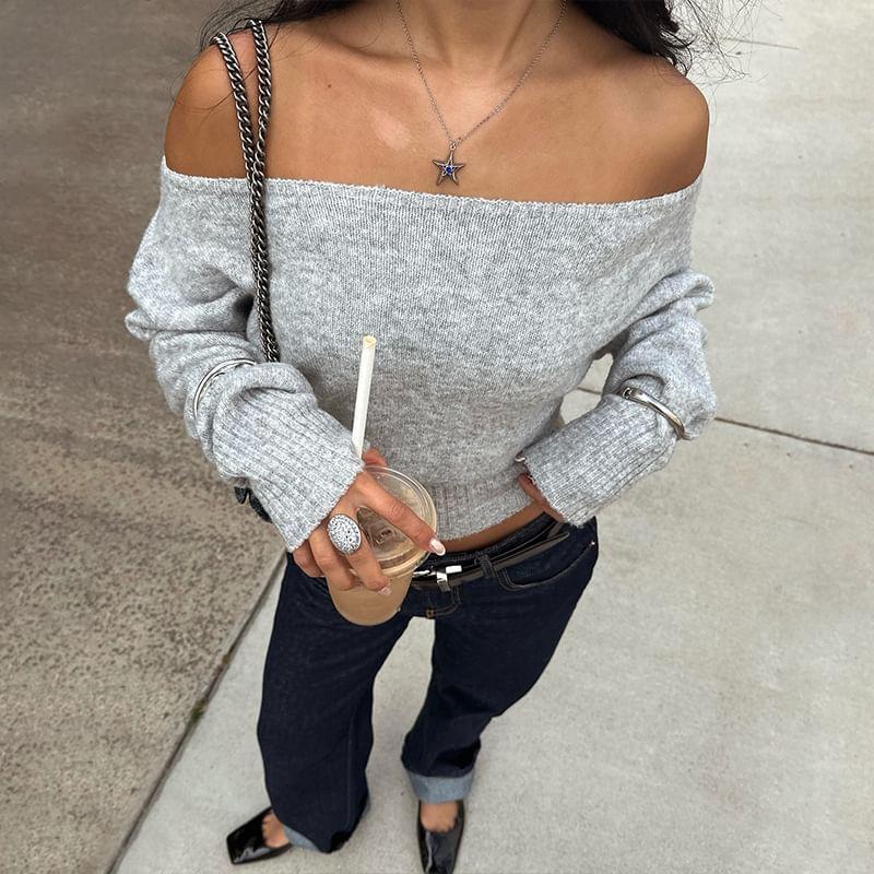 Long-Sleeve Off Shoulder Plain Crop Knit Top Product Image