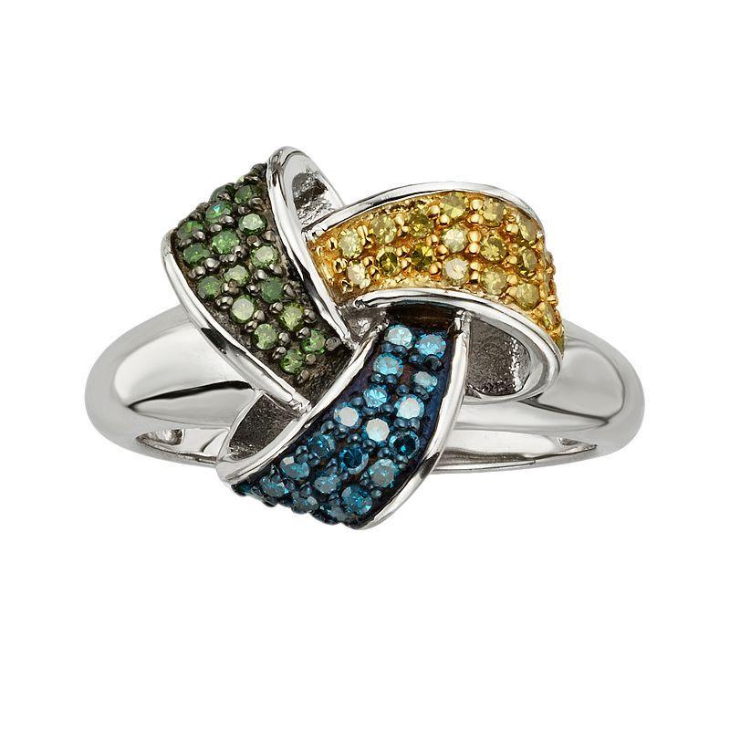 Jewelexcess Sterling Silver 1/2-ct. T.W. Blue, Yellow and Green Diamond Love Knot Ring, Womens Multicolor Product Image