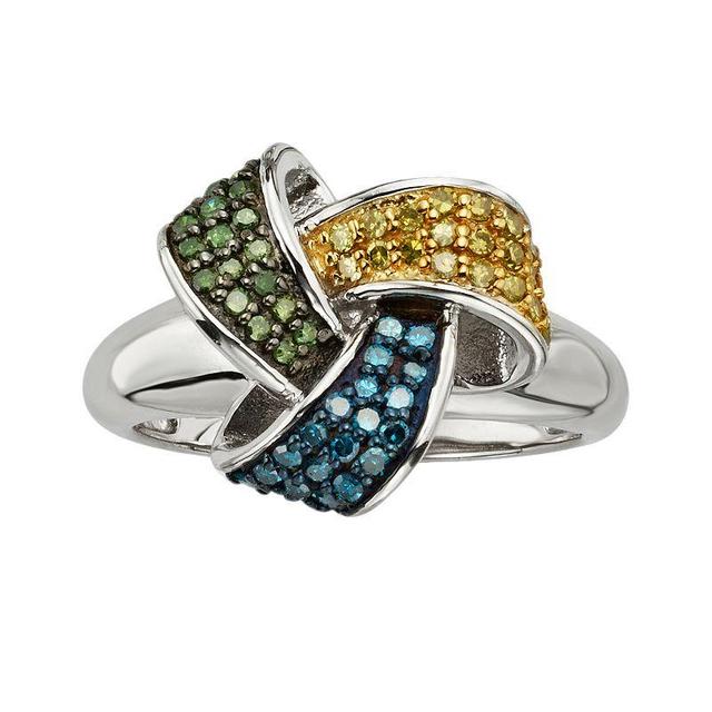 Jewelexcess Sterling Silver 1/2-ct. T.W. Blue, Yellow and Green Diamond Love Knot Ring, Womens Multicolor Product Image