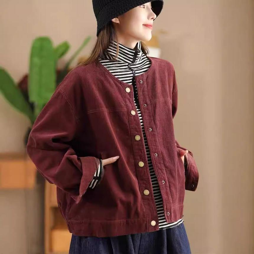 Round Neck Plain Corduroy Button Jacket Product Image