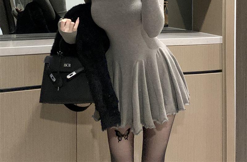 Long-Sleeve Turtleneck Plain Mini A-Line Dress Product Image