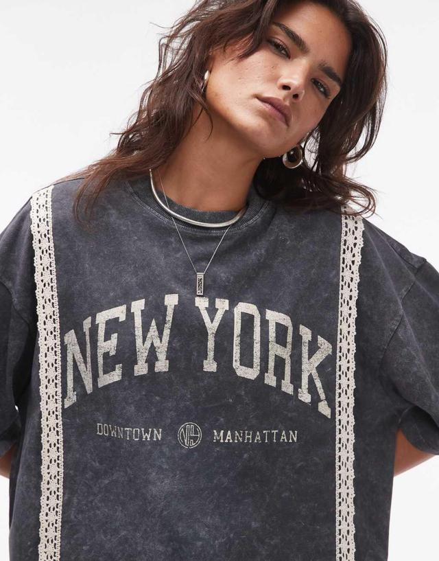 Topshop graphic New York lace trim oversized tee in dark gray Product Image