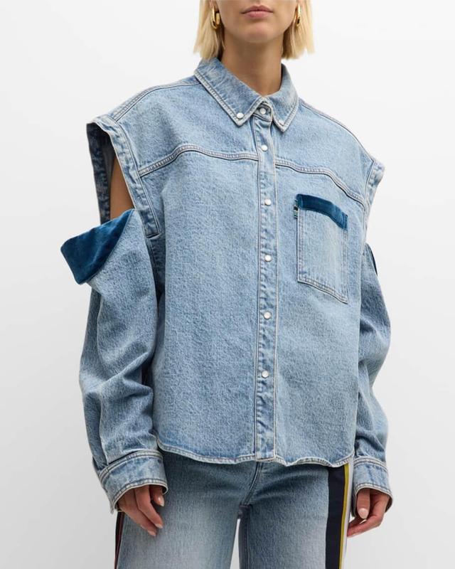 Culter Velvet-Trim Cold-Shoulder Oversized Denim Shirt Product Image