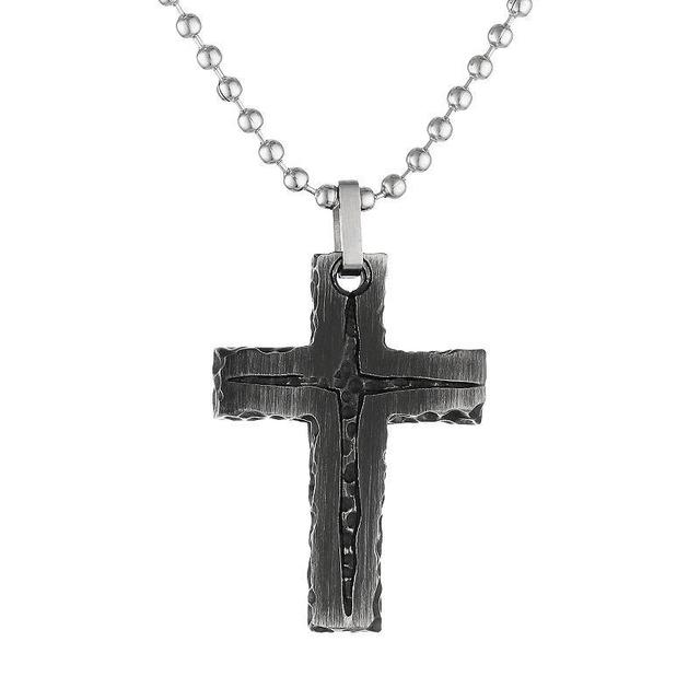 LYNX Black Ion-Plated Stainless Steel Textured Cross Pendant Necklace - Men, Mens Grey Product Image