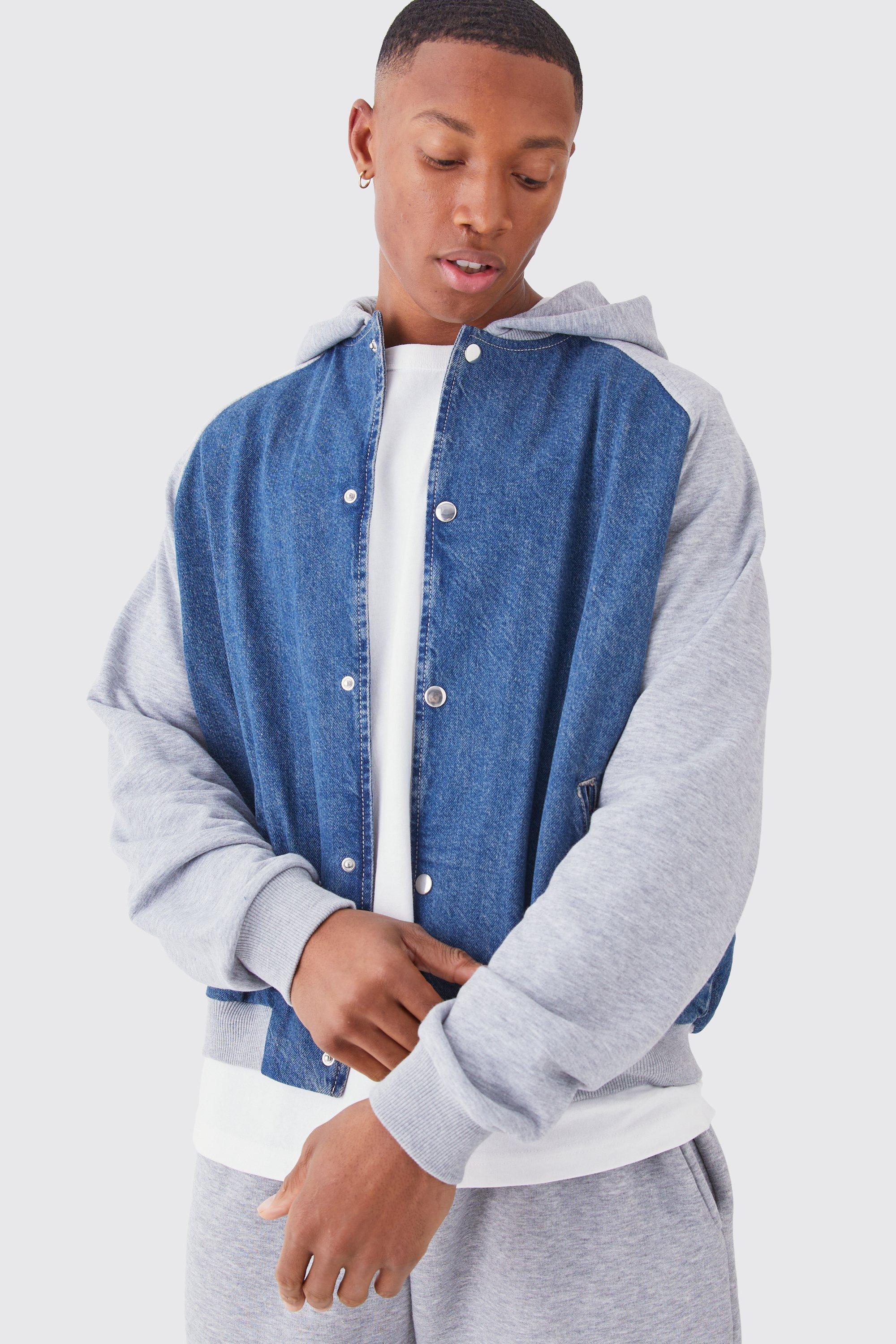 Boxy Fit Jersey And Denim Hooded Bomber Jacket | boohooMAN USA Product Image