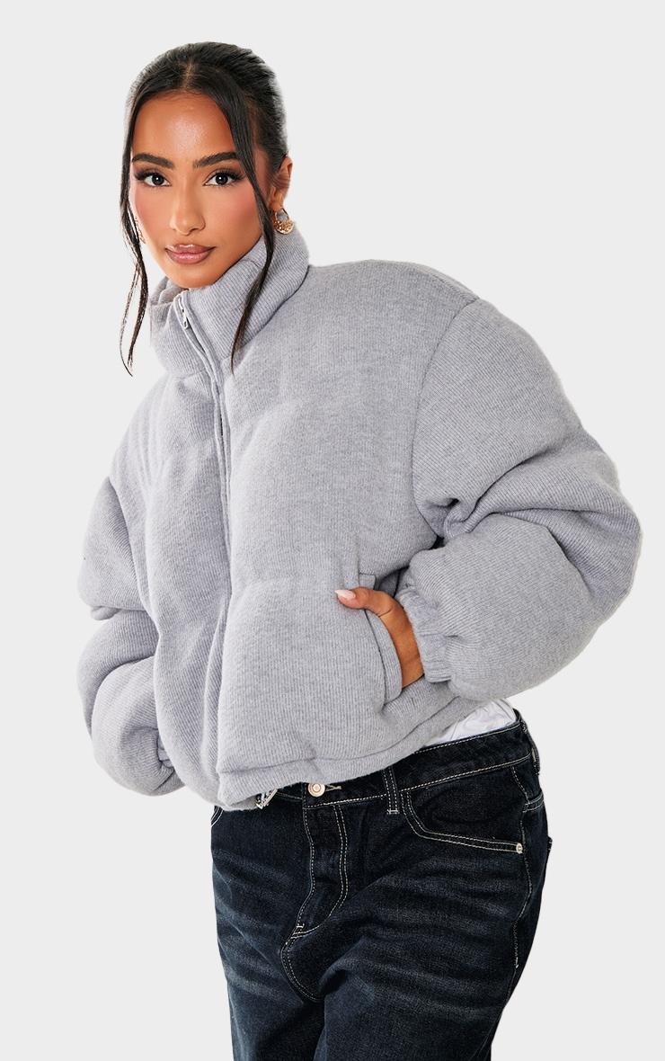 Petite Grey Wool Look Cropped Puffer Jacket Product Image