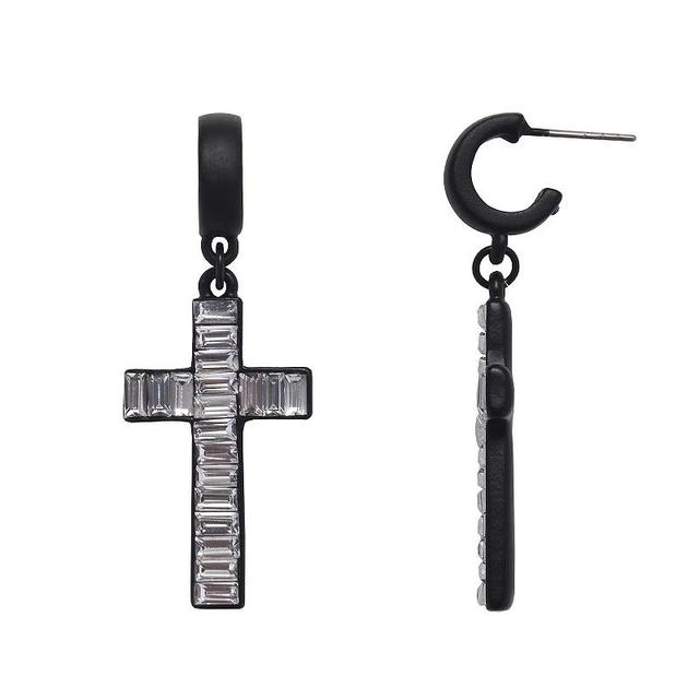 Emberly Black Baguette Simulated Stone Cross Drop Huggie Hoop Earrings, Womens Product Image