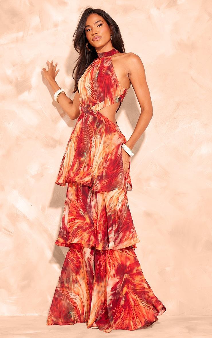 Red Blurred Print Chiffon Tiered Maxi Dress Product Image