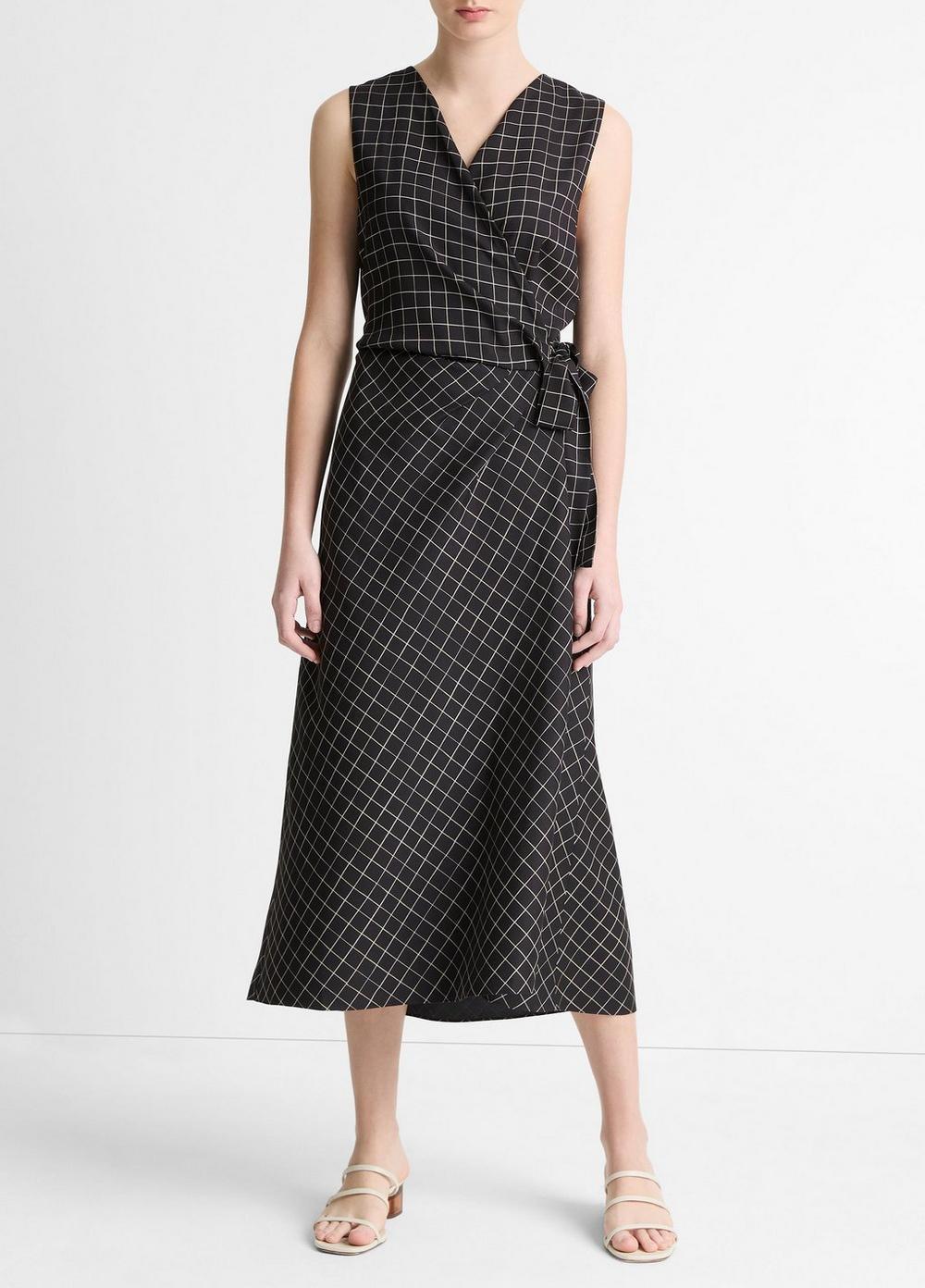 Trellis Plaid Draped Sleeveless Wrap Dress Product Image