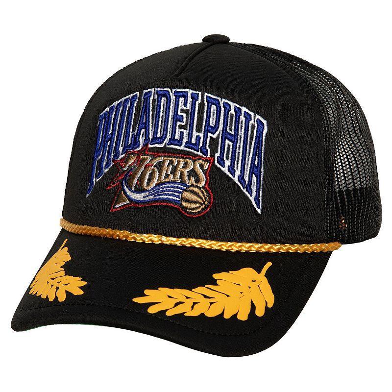 Mens Mitchell & Ness Black Philadelphia 76ers Hardwood Classics Gold Leaf Mesh Trucker Snapback Hat Product Image