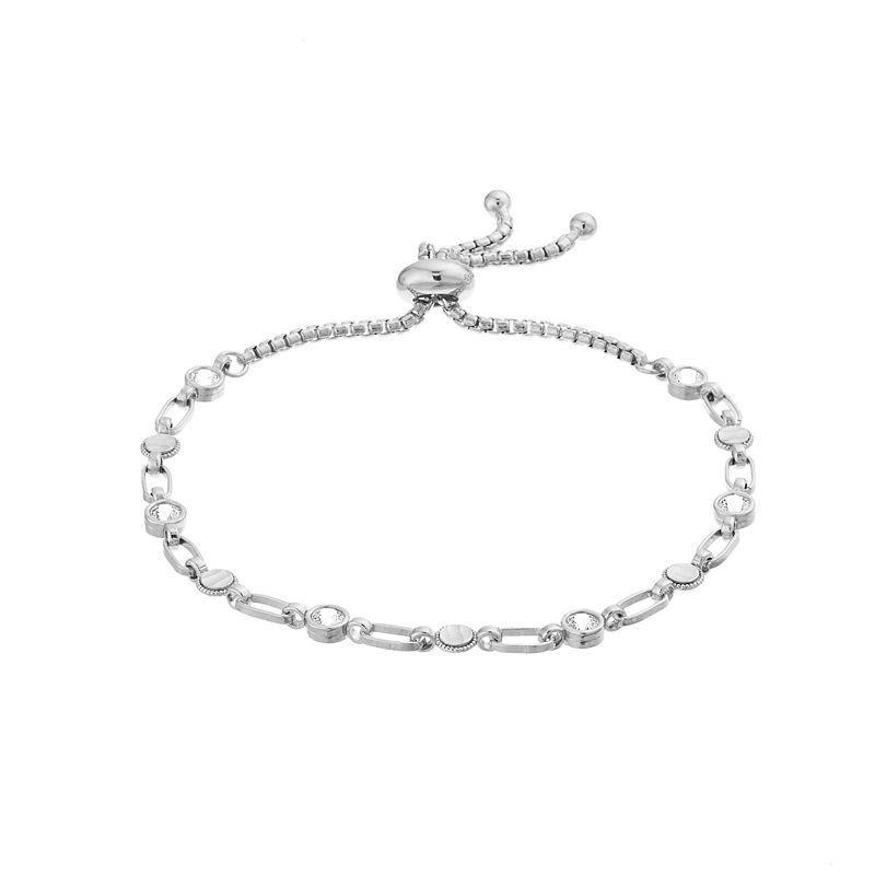 Kristen Kesho Sterling Silver Lab-Created White Sapphire & Round Link Adjustable Bolo Bracelet, Womens Product Image