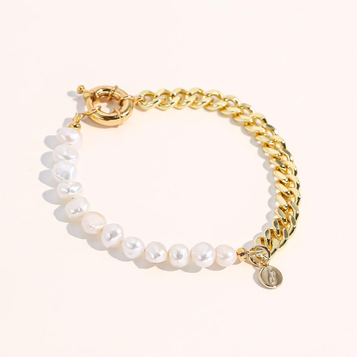 Joey Baby 18K Gold Plated Freshwater Pearl with Cuban Chain - Lauren Bracelet 7 For Women and Girls Product Image