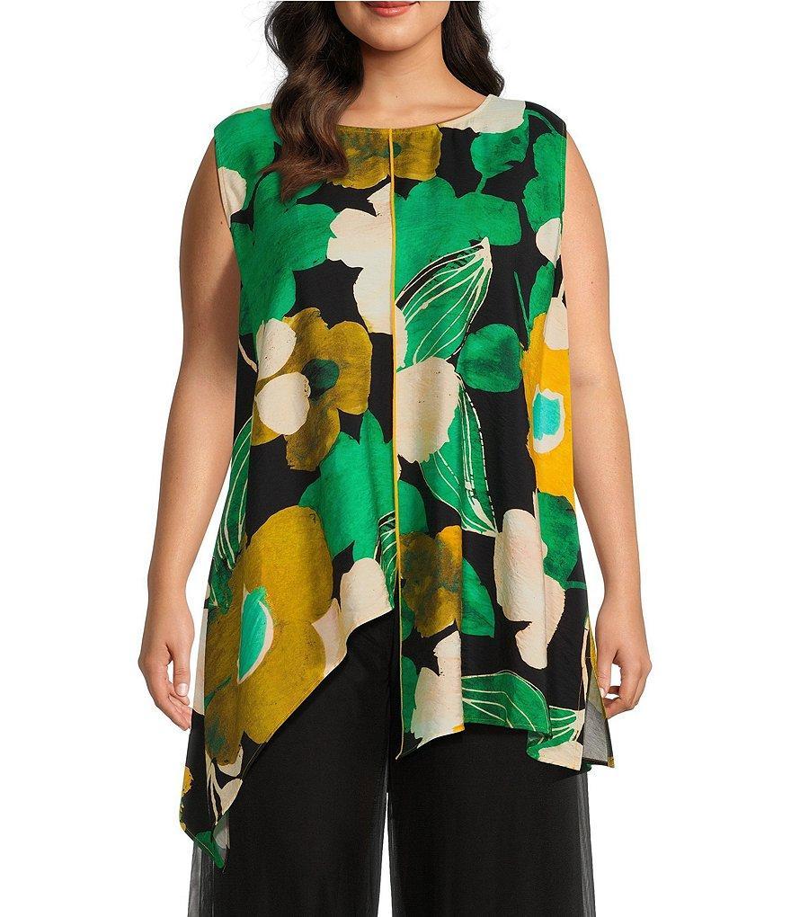 IC Collection Plus Size Floral Print Woven Scoop Neck Sleeveless Asymmetrical High-Low Hem Tank Top Product Image