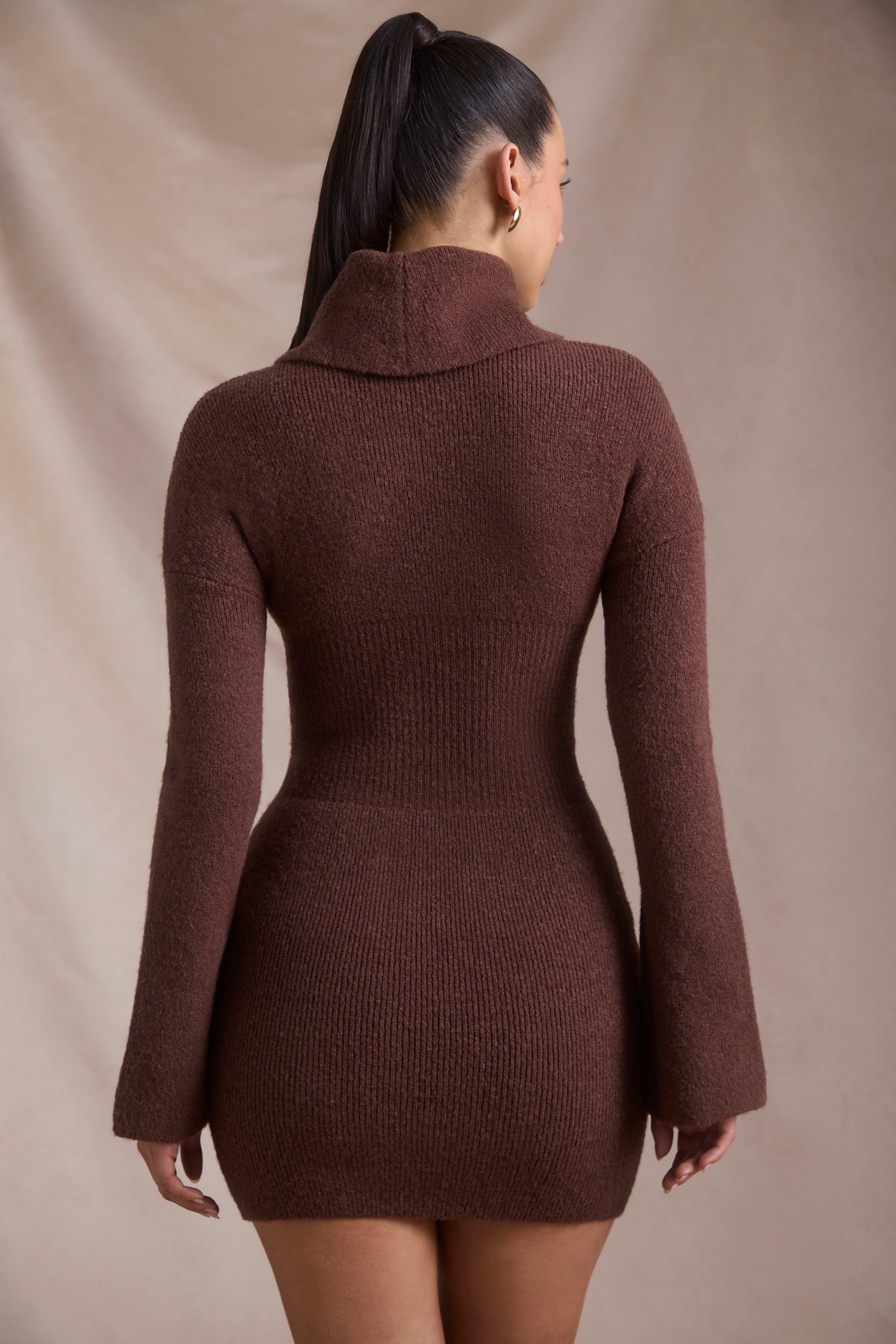 Ribbed-Knit Turtleneck Mini Jumper Dress in Espresso Product Image