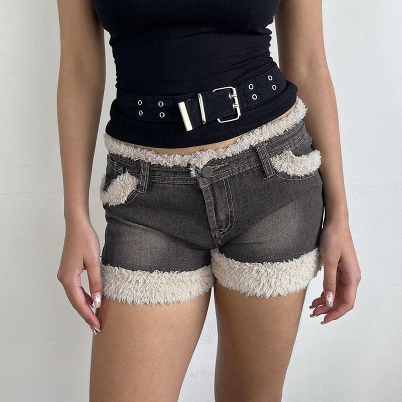 Low Waist Furry-Trim Mini Denim Shorts Product Image