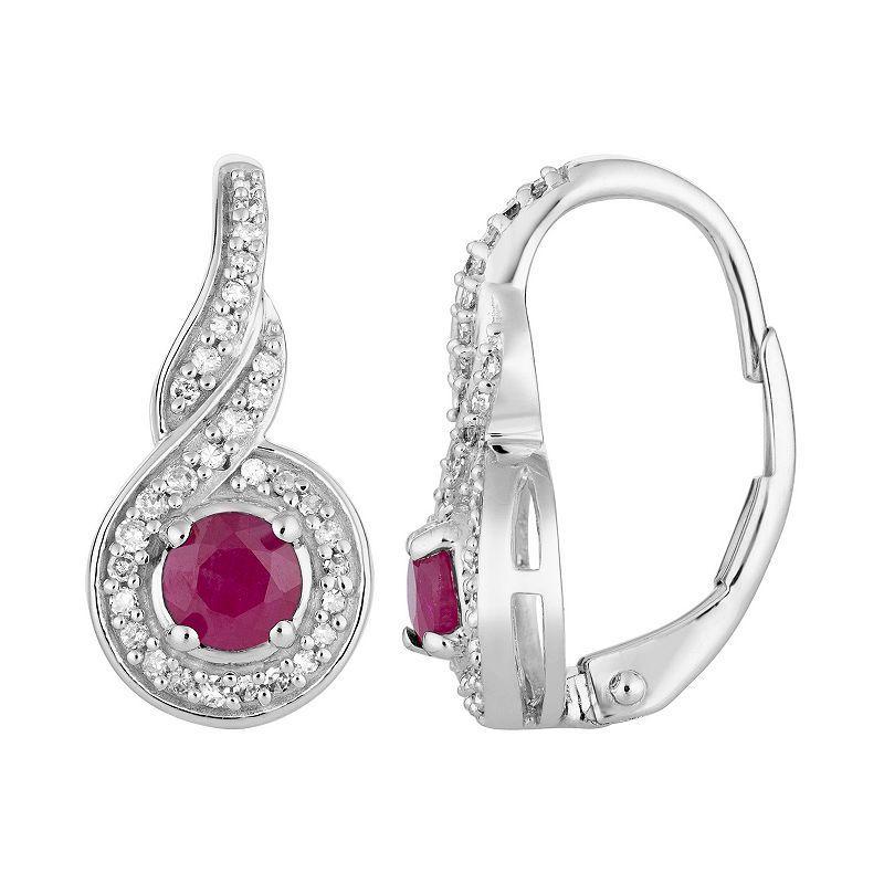 10k White Gold Ruby & 1/5 Carat T.W. Diamond Leverback Earrings, Womens, 10k Whgold Product Image