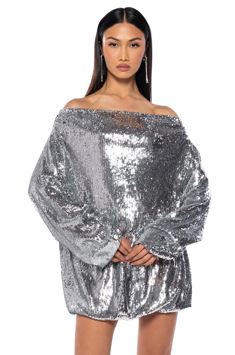 GEMMA OFF THE SHOULDER VOLUMINOUS SEQUIN MINI DRESS IN SILVER Product Image