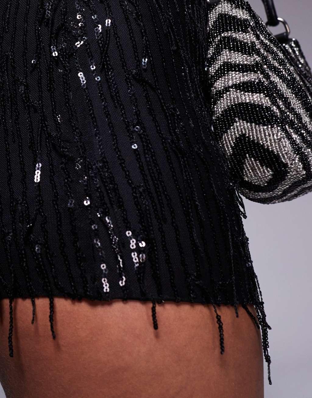 Jaded Rose Tall fringe sequin hot pants in black  Product Image