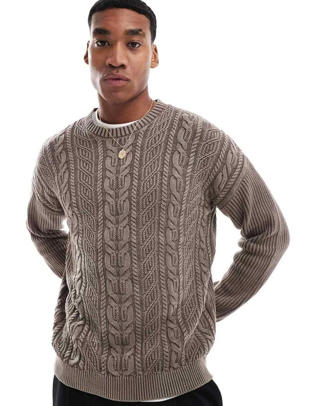 ASOS DESIGN knitted washed relaxed cable sweater in brown  Product Image