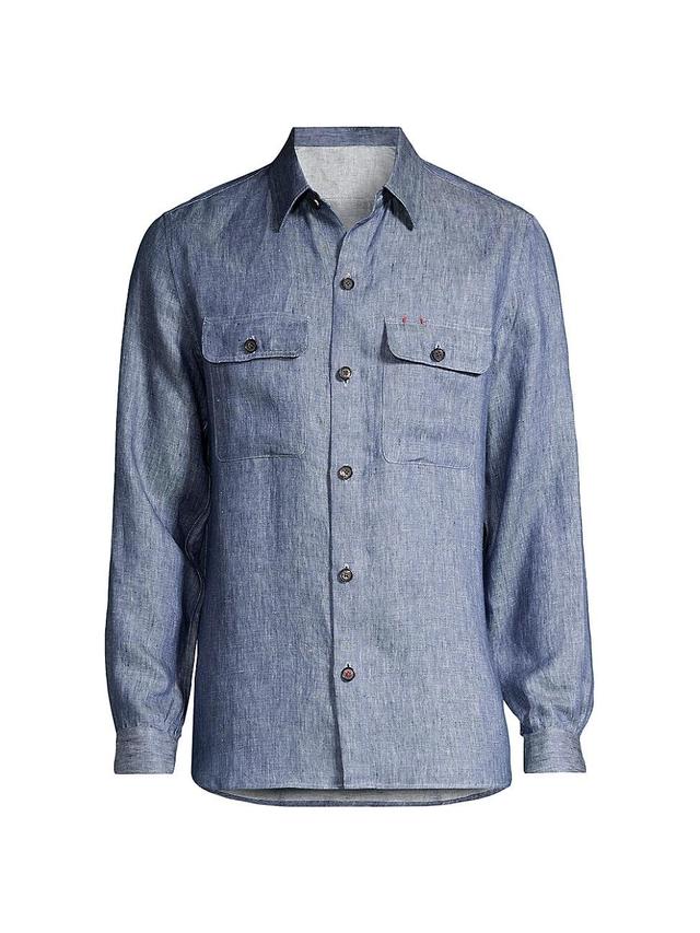 Mens Denim-Effect Linen Button-Front Overshirt Product Image