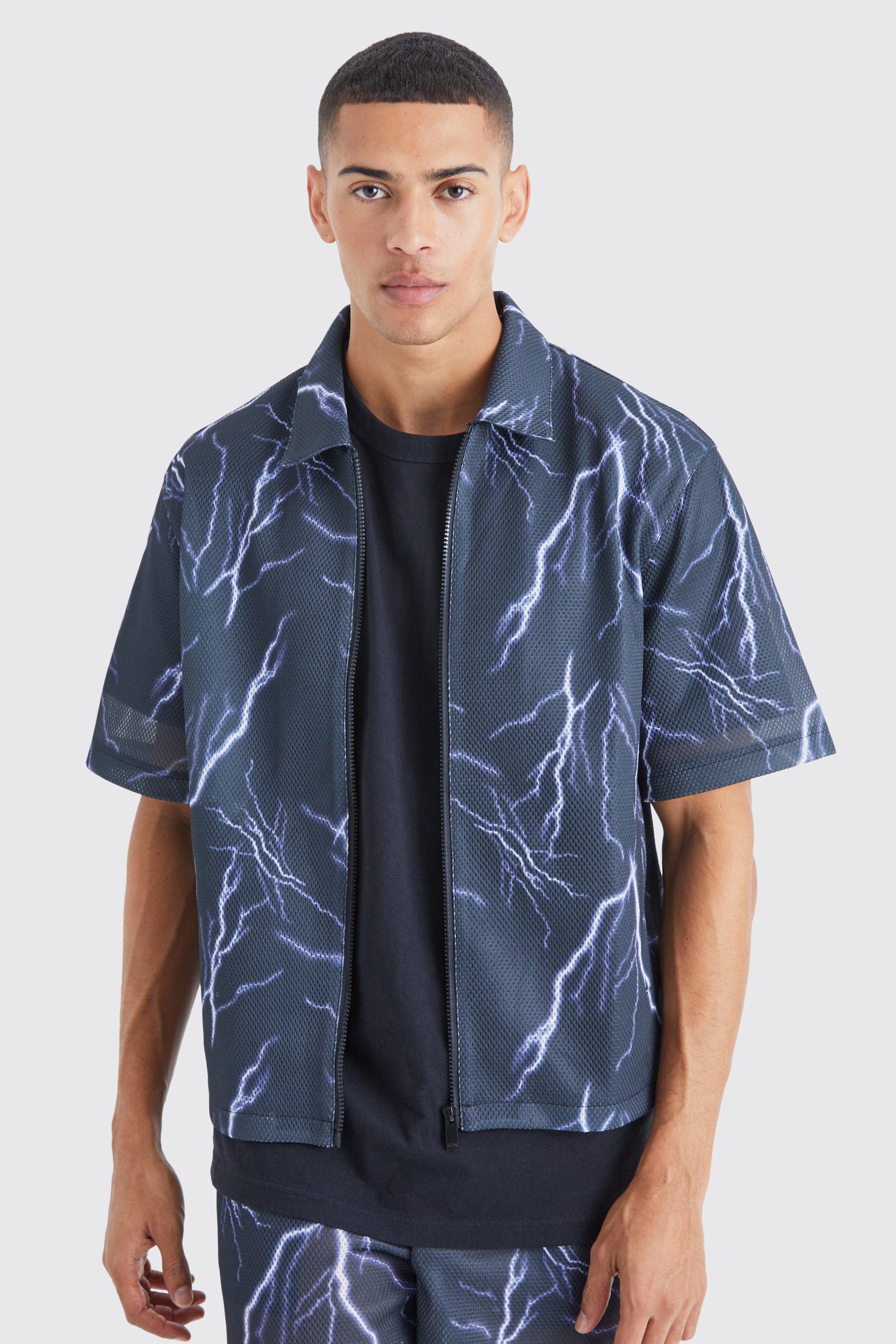 Boxy Zip Through Mesh Scuba Graphic Shirt | boohooMAN USA Product Image