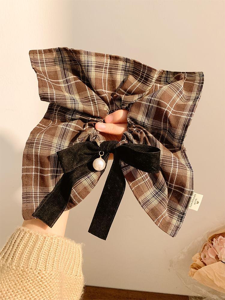 Plaid Bow Faux Pearl Scrunchie Product Image